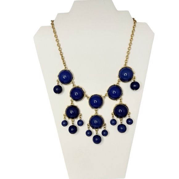 Navy Blue Cabochon Chandelier Statement Necklace 22” Bubbles Runway Gold Tone - Picture 8 of 16